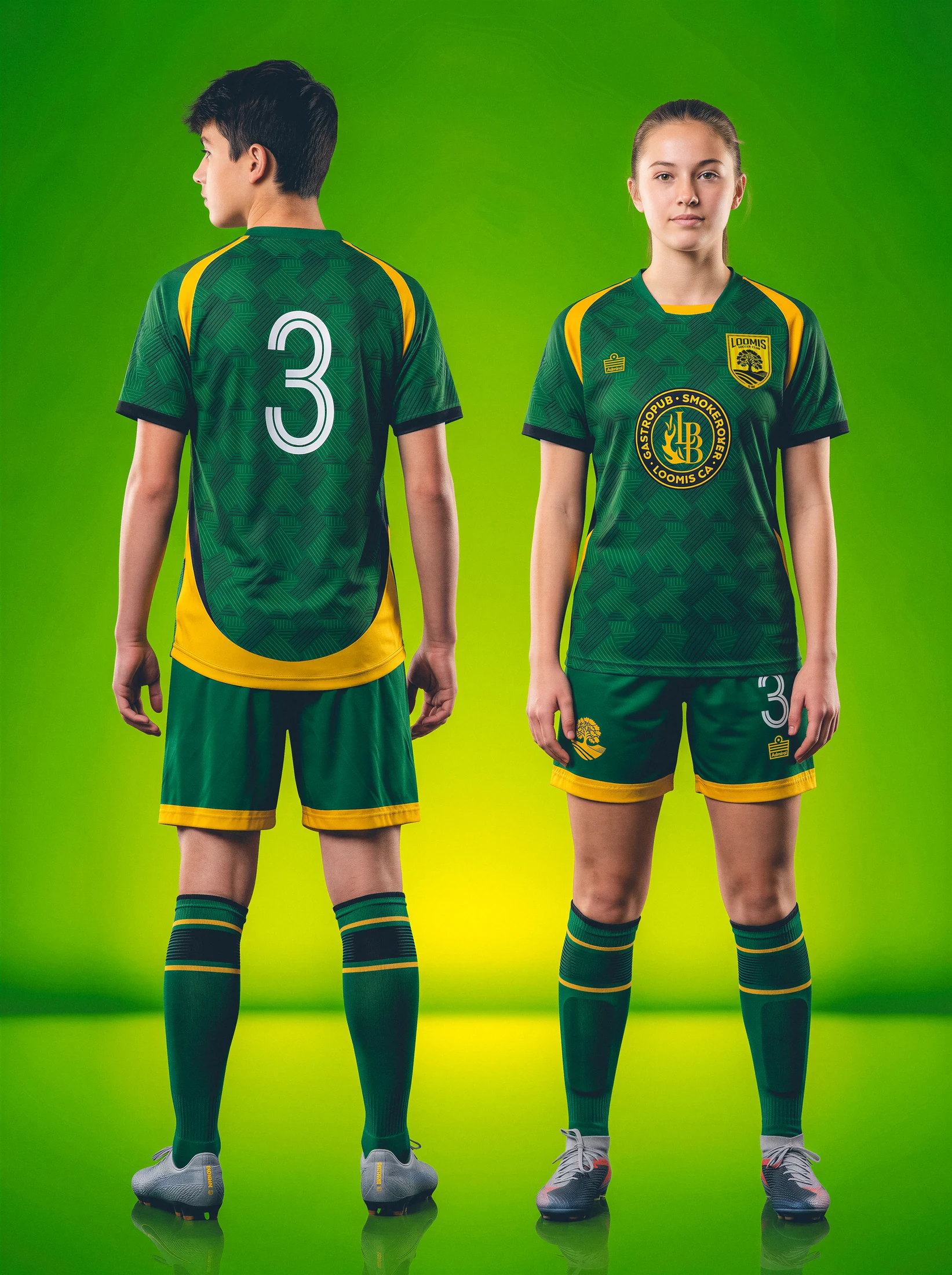 Two Loomis players showing the front and back of the green alternate kit