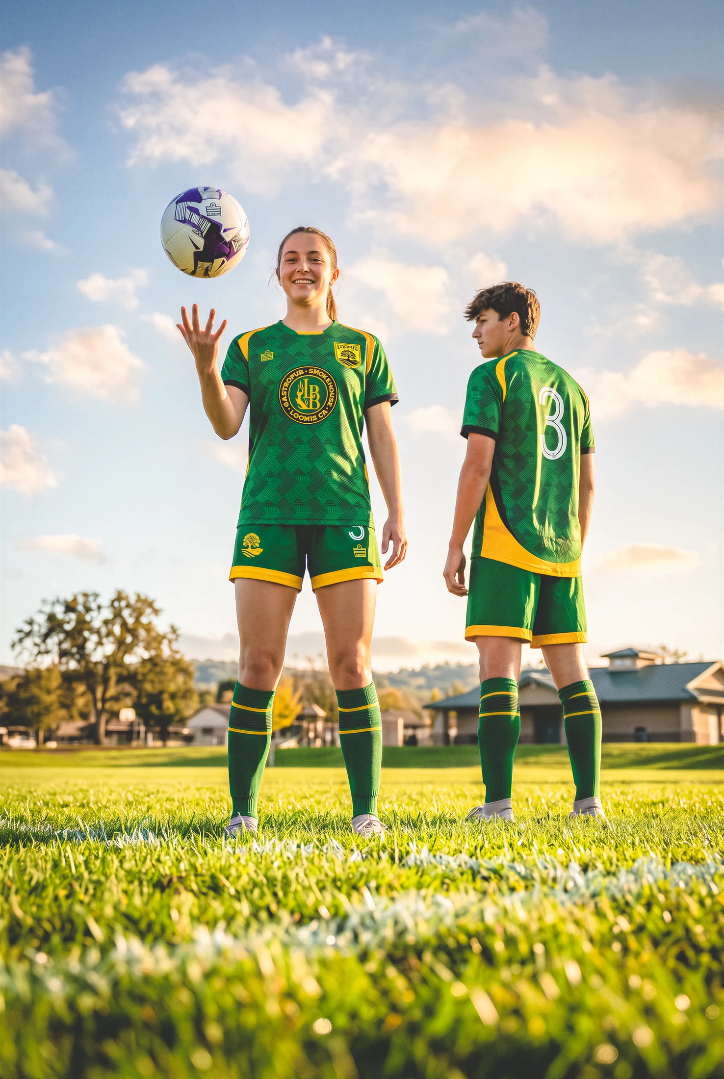 Two Loomis players with a ball in green alternate kits