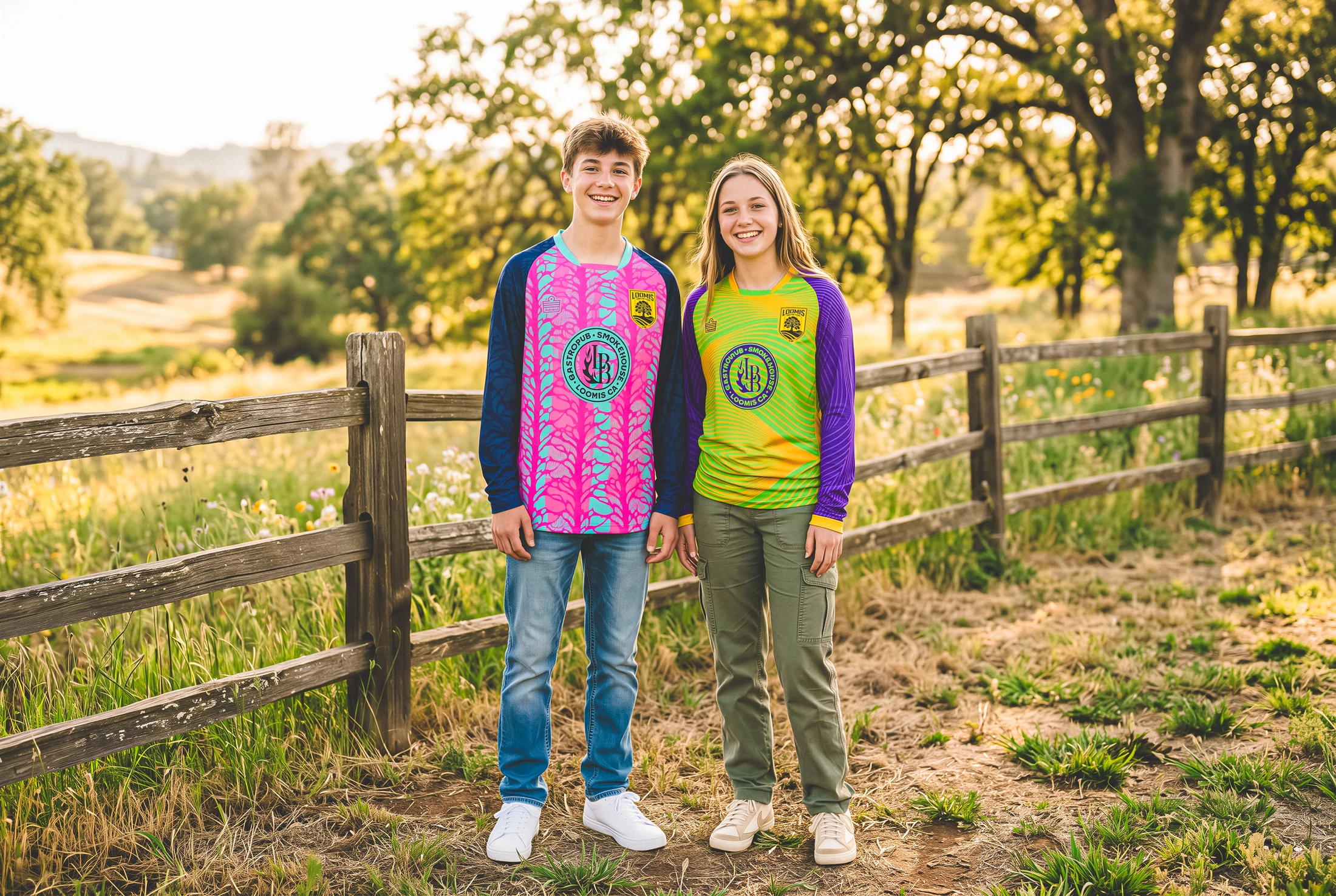 Two Loomis goalkeepers in pink and green beside an oak fence