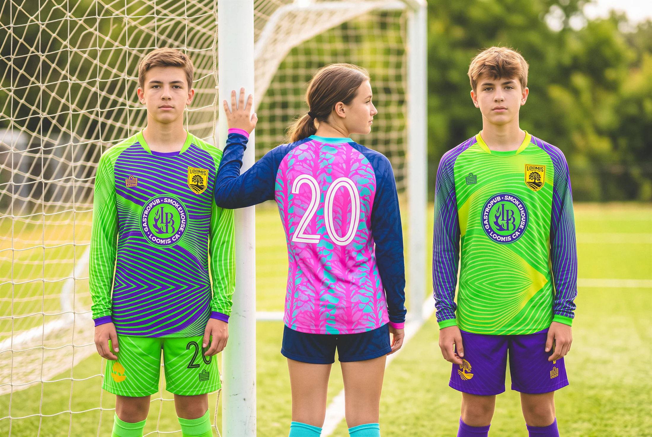 Three Loomis goalkeepers showing green and pink kit variations