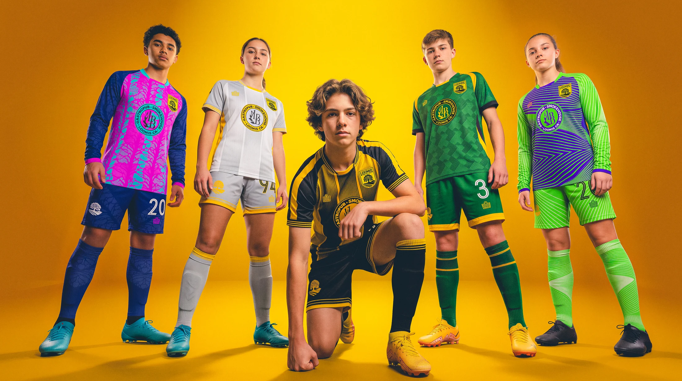 Loomis Soccer Club players presenting the complete home, away, alternate, and goalkeeper collection