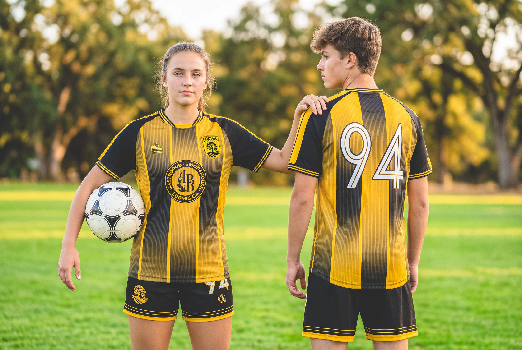 Two Loomis players showing the front and back of the home kit