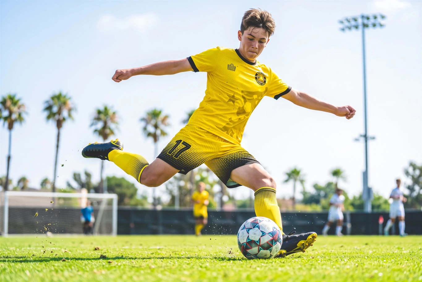 Mission Viejo FC player striking a ball in the California gold home kit