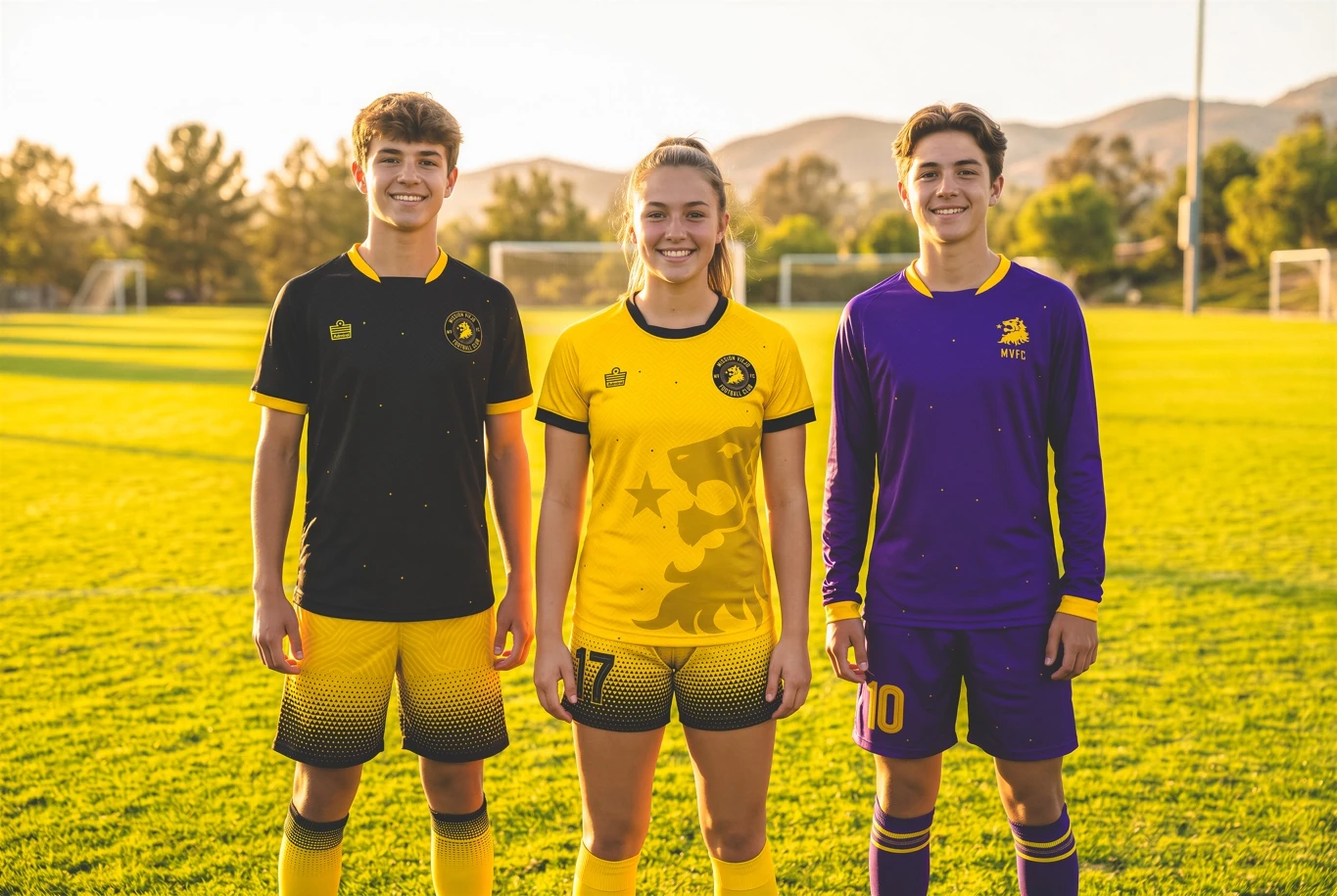 Three Mission Viejo FC players wearing the away, home, and goalkeeper kits