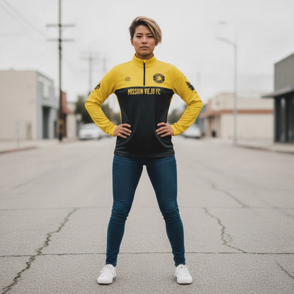 Mission Viejo FC player wearing the gold and black quarter-zip training jacket