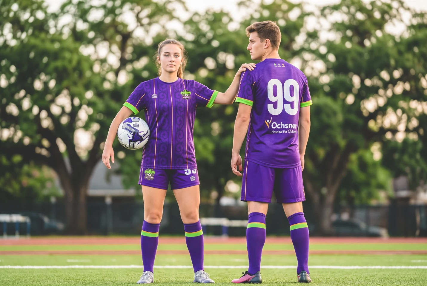 Front and back views of the purple New Orleans Jesters home kit