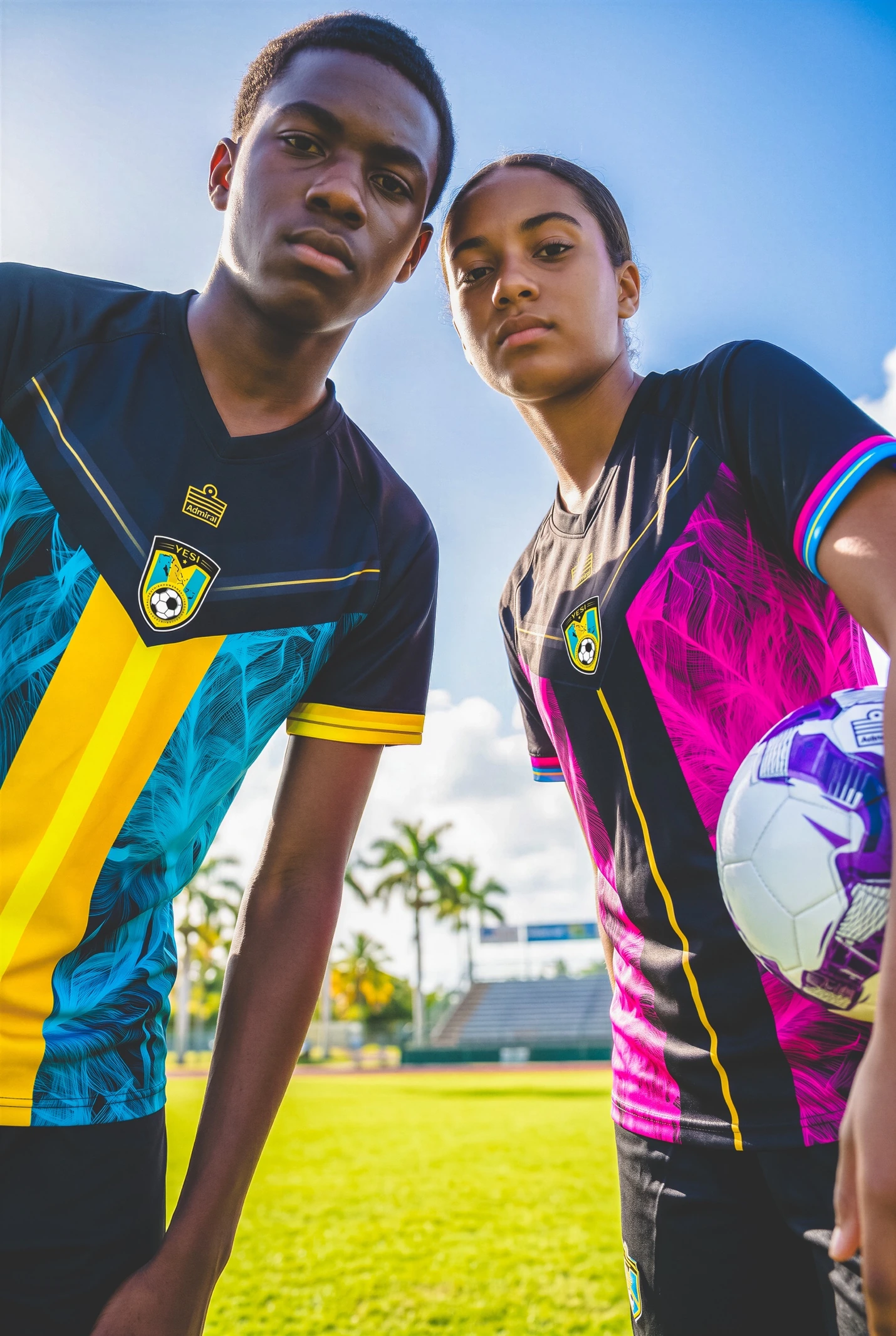 Two players wearing the YESi Aqua and Flamingo anniversary kits