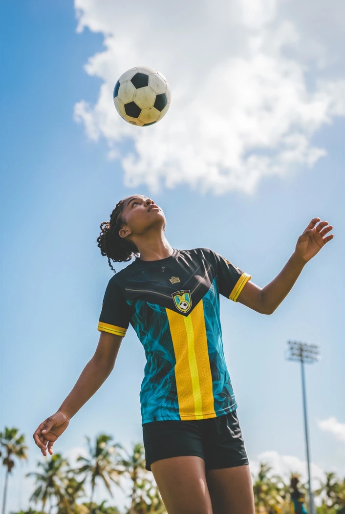 Player heading a ball in the YESi Aqua anniversary kit
