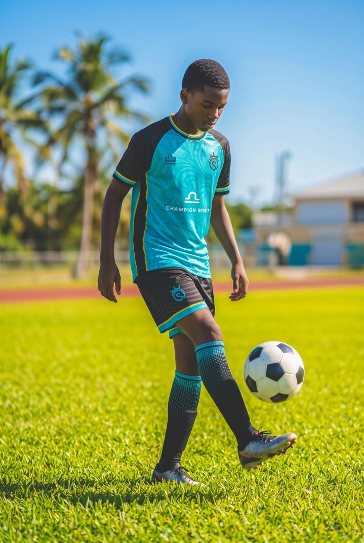 Player controlling the ball in the 2026 Skillz Soccer Home kit